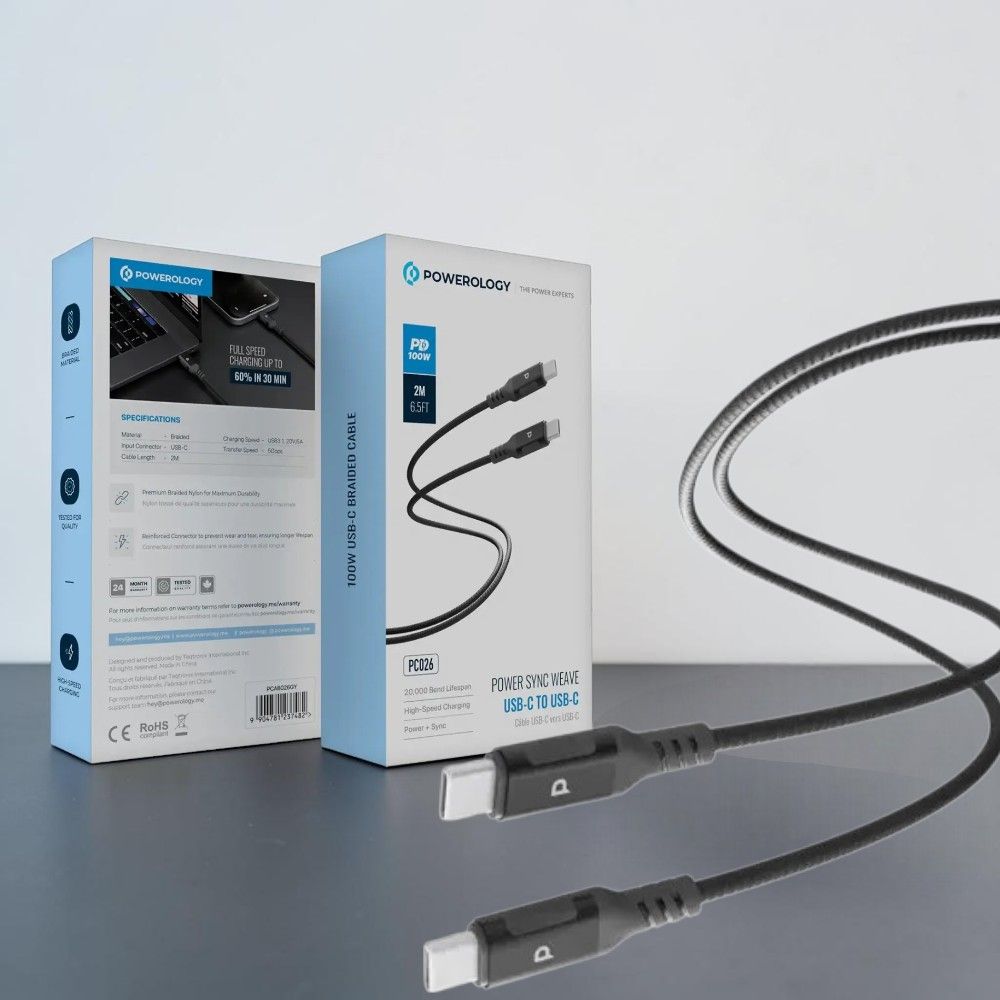 Powerology كابل USB-C إلى USB-C V3.1 5G معدني بغطاء نايلون مضفر 100W بطول 2 متر