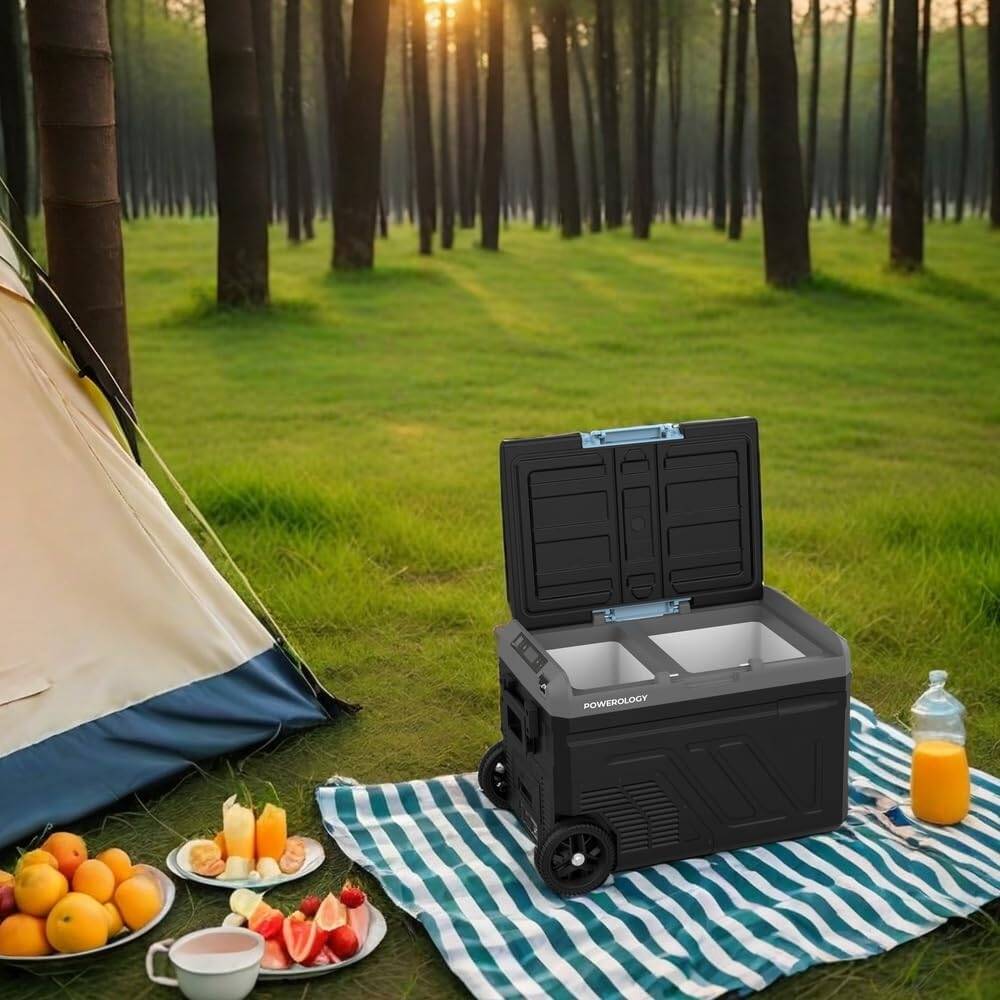 Powerology Portable Fridge 40L with Dual Compartment and Trolly - Gray