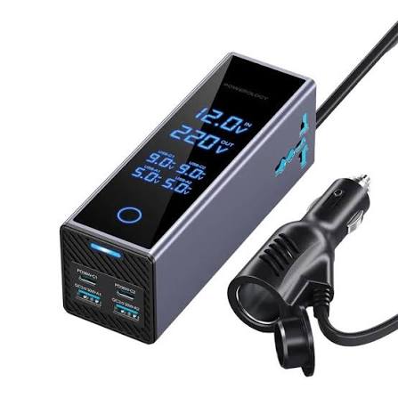 محول طاقة Powerology للسيارة بقدرة 200 واط مع منفذين AC وشحن سريع PD 36W وكابل USB-C قابل للسحب – رمادي-1
