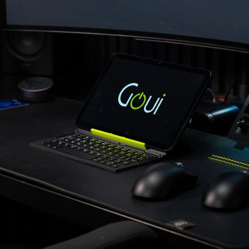 لوحة مفاتيح GOUI القابلة للطي بتقنية Bluetooth مع حامل مدمج للأجهزة اللوحية والهواتف