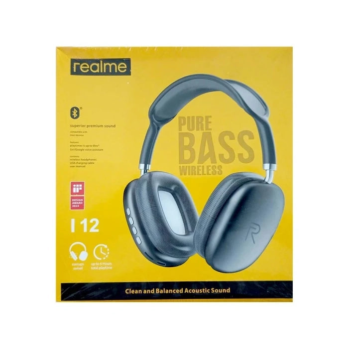 سماعة Realme I12 اللاسلكية فوق الأذن مع Pure Bass Sound – أسود