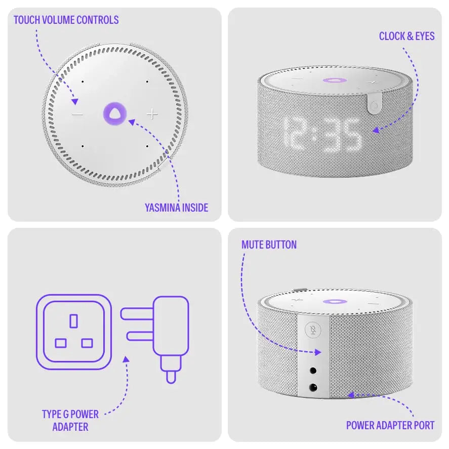 Yango Yasmina Mini AI Smart Speaker with LED Clock, 10W Sound, 4 Microphones, Wi-Fi & Bluetooth – Black