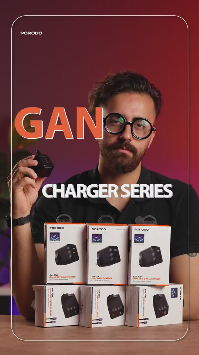 شاحن حائط بورودو GaN 25 واط بمنفذين USB-C مع شاشة عرض طاقة فورية – أسود-4