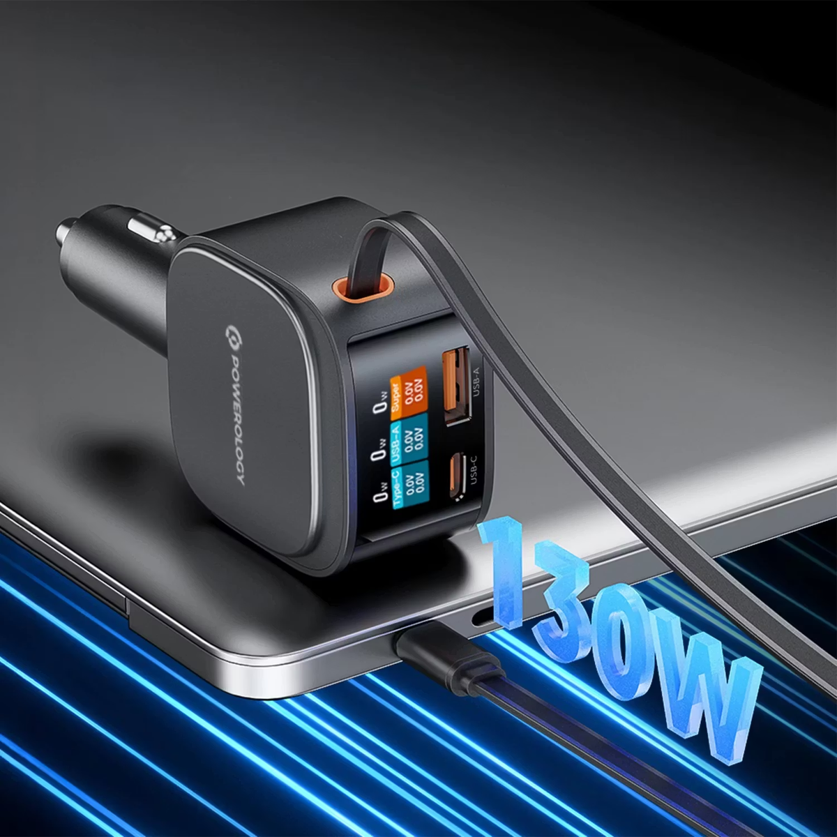 Powerology Car Charger with Car with PD 65W Retractable Cable PD65W TFT Display - Black-4