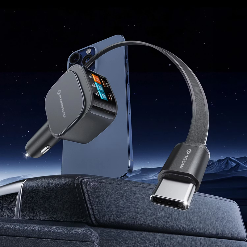 Powerology Car Charger with Car with PD 65W Retractable Cable PD65W TFT Display - Black-5