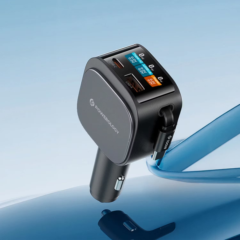 Powerology Car Charger with Car with PD 65W Retractable Cable PD65W TFT Display - Black-2