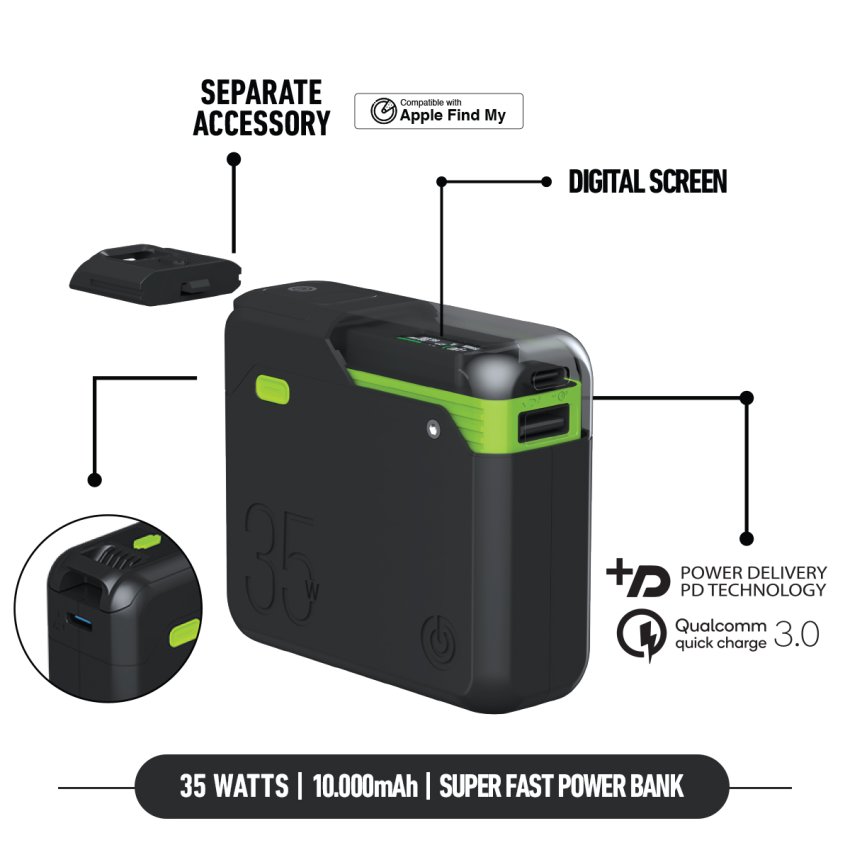 باور بانك GOUI Titan 35W سعة 10000mAh مع شحن فائق السرعة ودعم Apple Find My – أسود / أخضر