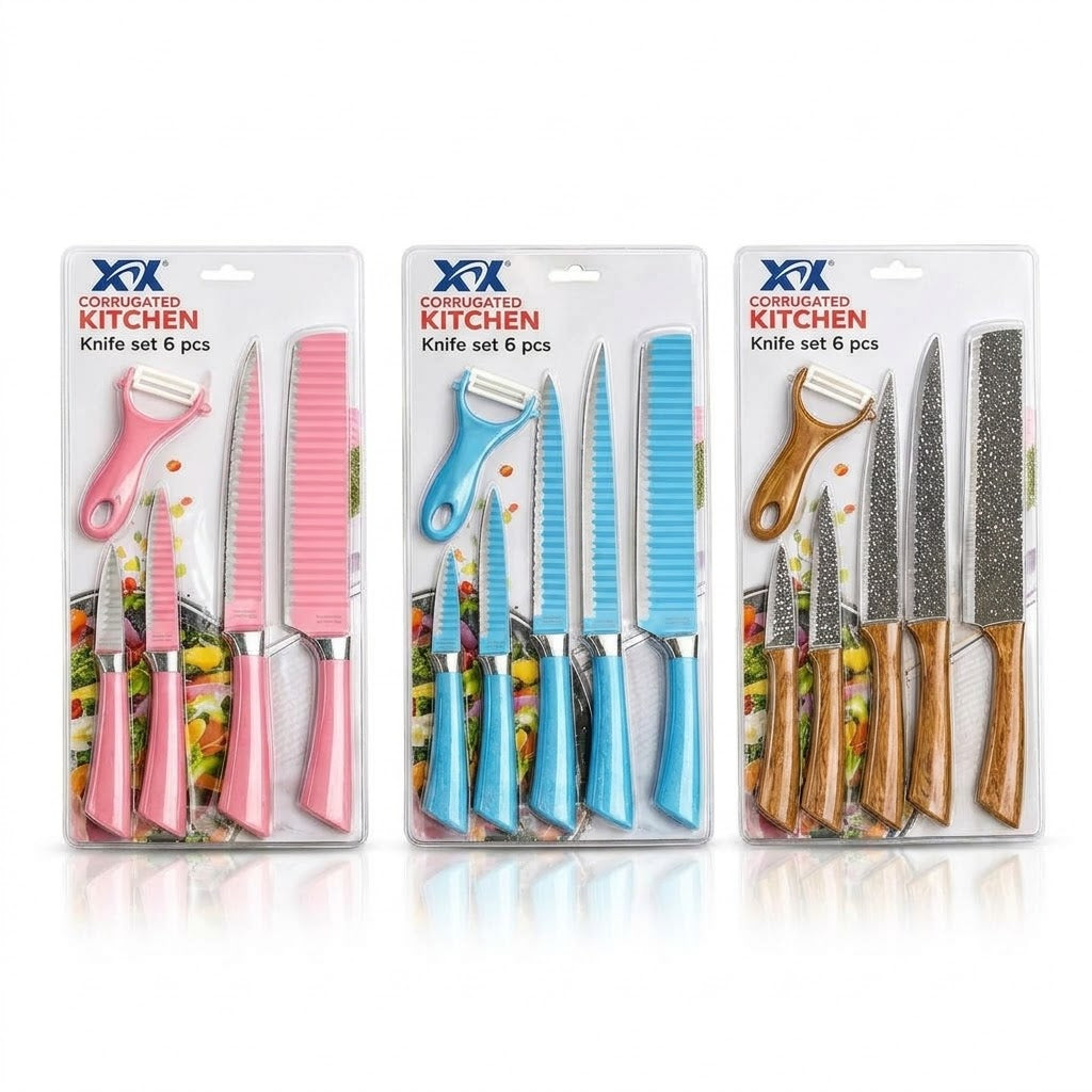 طقم سكاكين مطبخ 6 قطع مع مقشرة – شفرات مموجة ستانلس ستيل Corrugated Kitchen Knife Set