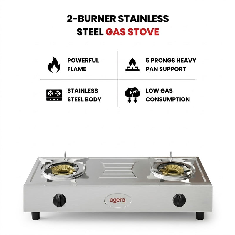 Ogera Stainless Steel Double Gas Burner Stove 2 High-Efficiency Burners Low Gas Consumption OG3012GC-1