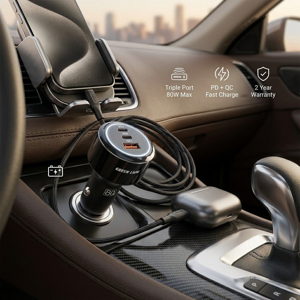 شاحن سيارة Green Lion Roadex بثلاث منافذ 80W كابل C إلى C بطول 1م - أسود