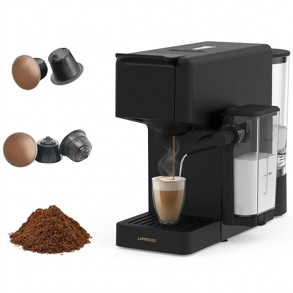 ماكينة قهوة LePresso Crema Pro 1400W 3 في 1 مع خزان حليب ومضخة GME بضغط 20 بار و7 مستويات - أسود