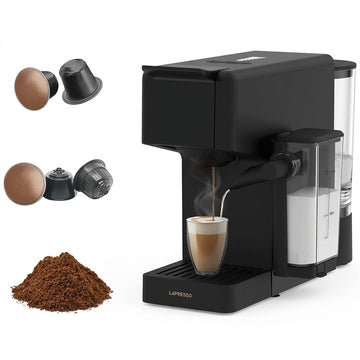 ماكينة قهوة LePresso Crema Pro 1400W 3 في 1 مع خزان حليب ومضخة GME بضغط 20 بار و7 مستويات - أسود