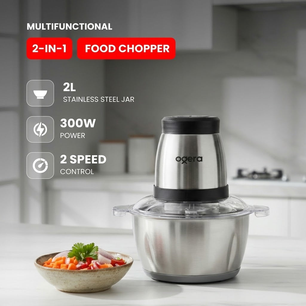 Ogera Electric Food Chopper & Mincer XXL 2.0L Stainless Steel Bowl Anti-Slip Base OG4000FC