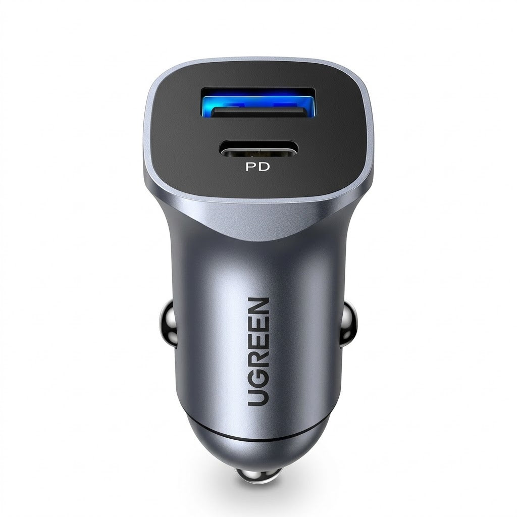 شاحن سيارة UGREEN شحن سريع 24W بمنفذين، محول طاقة سيارة USB A + USB C