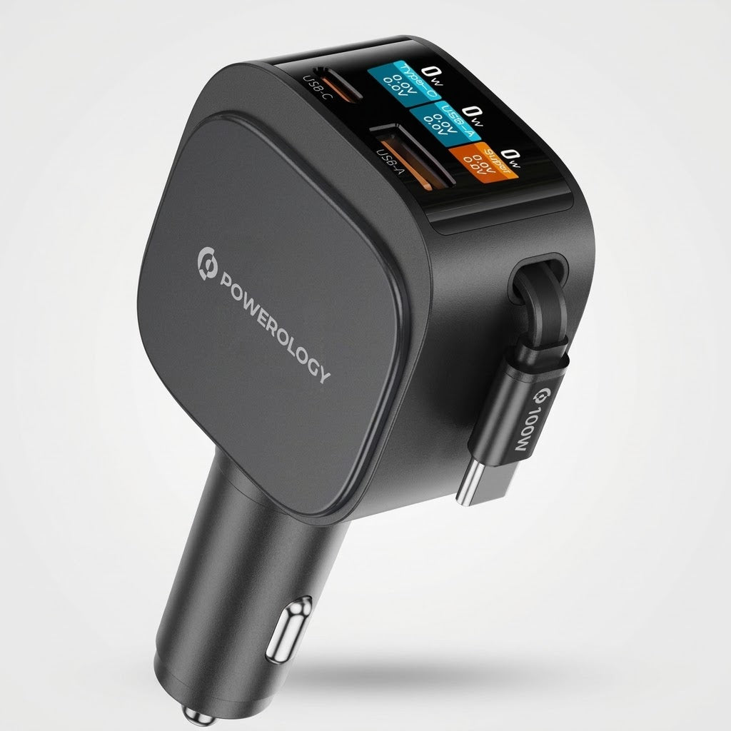 Powerology Car Charger with Car with PD 65W Retractable Cable PD65W TFT Display - Black-1